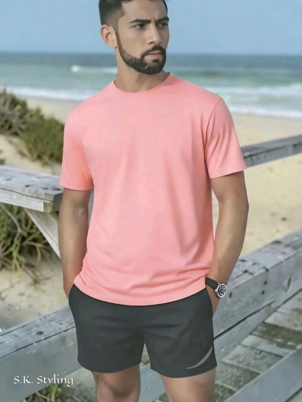 Lions Crest English Laundry Short Sleeve Textured Slub Tee Peach/Pink Men's L